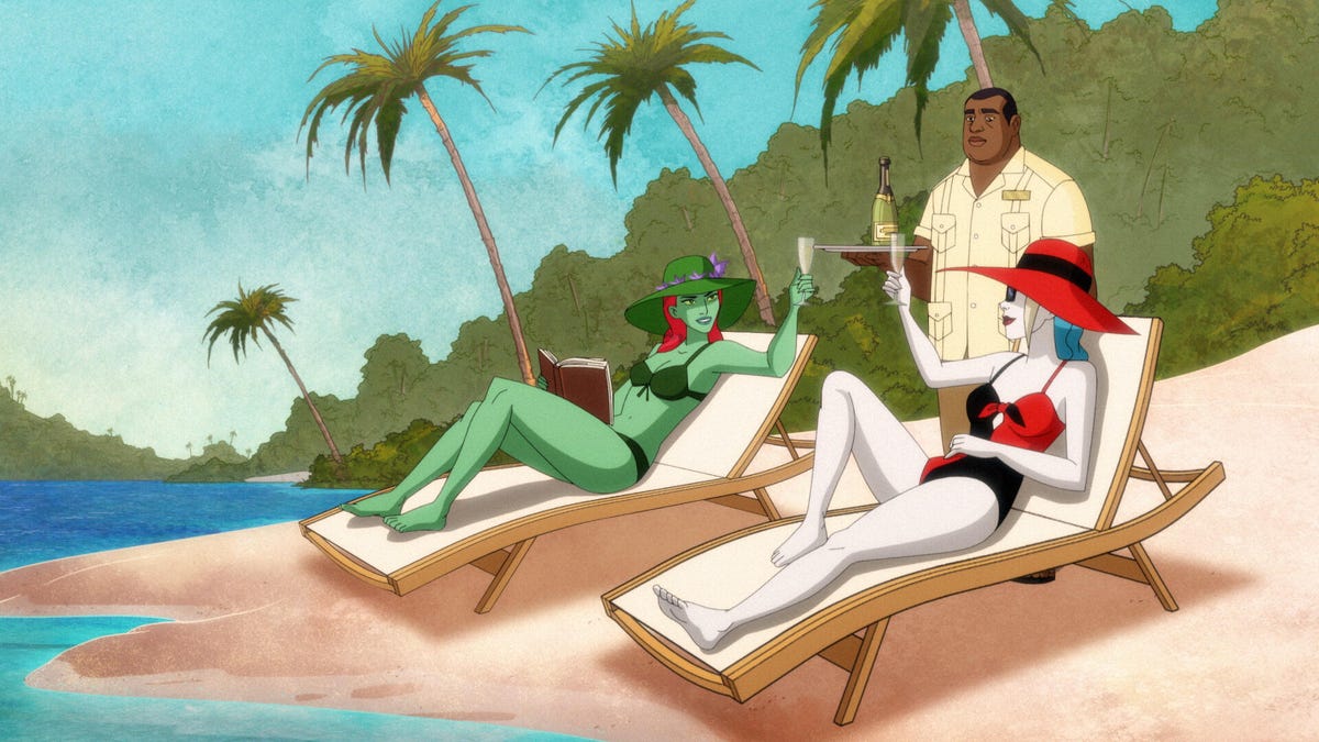 Harley Quinn et Poison Ivy sont allongés sur des chaises de plage alors qu'ils sont vêtus de maillots de bain